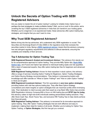 Unlock the Secrets of Option Trading with SEBI Registered Advisors