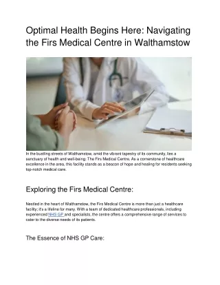 Optimal Health Begins Here: Navigating the Firs Medical Centre in Walthamstow