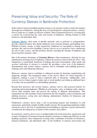 Preserving Value and Security The Role of Currency Sleeves in Banknote Protection