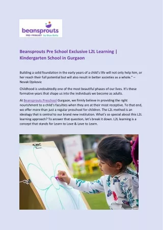 Beansprouts Pre School Exclusive L2L Learning  - Kindergarten School in Gurgaon