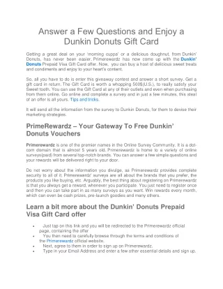 Answer a Few Questions and Enjoy a Dunkin Donuts Gift Card