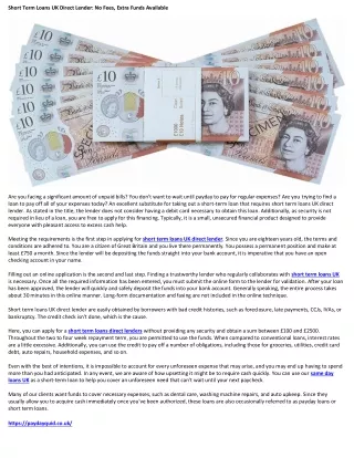 Short Term Loans UK Direct Lender No Fees, Extra Funds Available