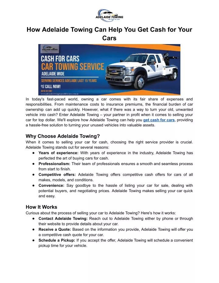 how adelaide towing can help you get cash