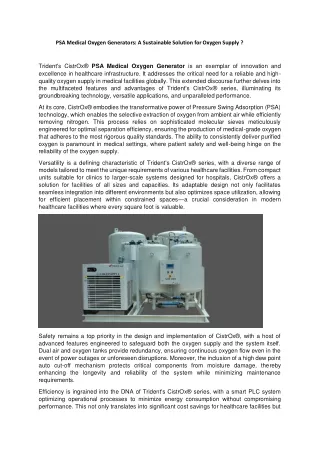 PSA Medical Oxygen Generators: A Sustainable Solution for Oxygen Su