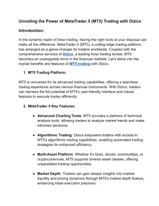 Unveiling the Power of MetaTrader 5 (MT5) Trading with Dizicx