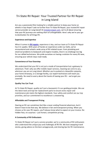 Tri-State RV Repair - Your Trusted Partner for RV Repair in Long Island