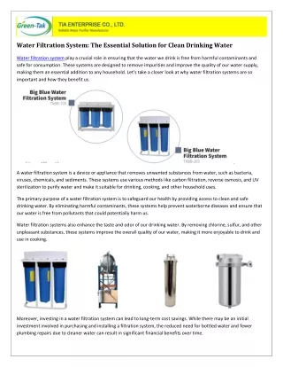 Water Filtration System: The Essential Solution for Clean Drinking Water