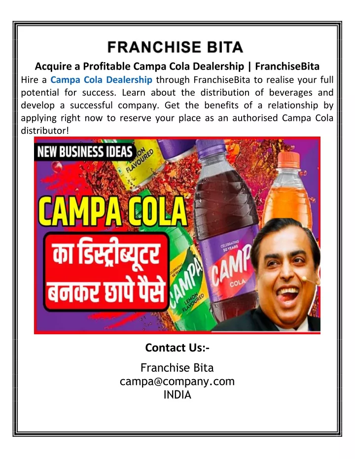 acquire a profitable campa cola dealership