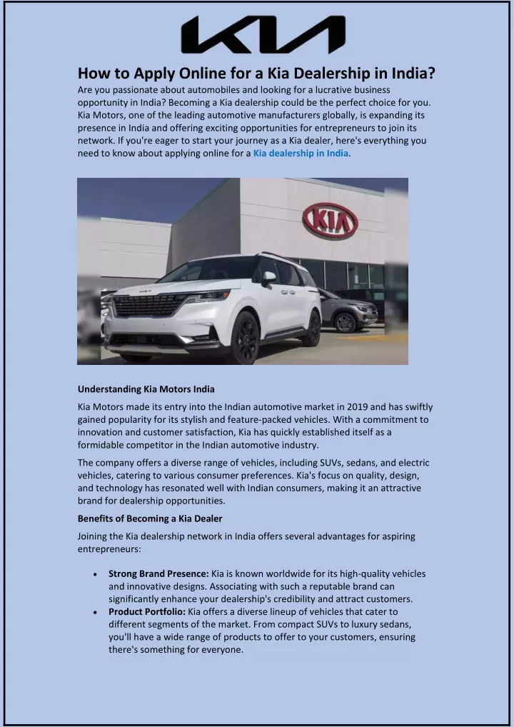 how to apply online for a kia dealership in india