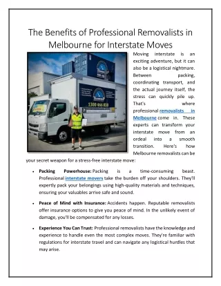 The Benefits of Professional Removalists in Melbourne for Interstate Moves