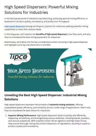 High Speed Dispersers Powerful Mixing Solutions for Industries