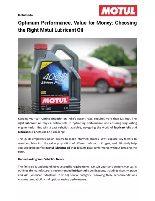 Optimum Performance Value for Money - Choosing the Right Motul Lubricant Oil