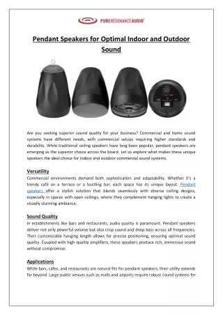 Pure Resonance Audio - Pendant Speakers for Optimal Indoor and Outdoor Sound