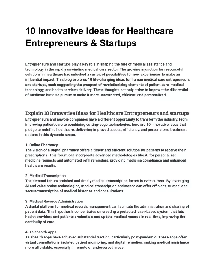 10 innovative ideas for healthcare entrepreneurs