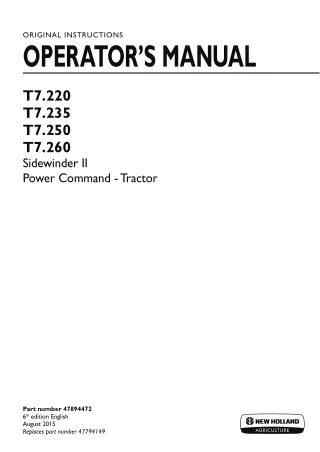 New Holland T7.220 T7.235 T7.250 T7.260 Sidewinder II Power Command Tractors Operator’s Manual Instant Download (Publica