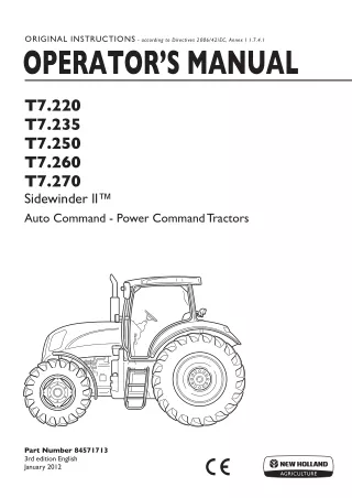 New Holland T7.220 T7.235 T7.250 T7.260 T7.270 Auto CommandPower Command Sidewinder II™ Tractors Operator’s Manual Insta