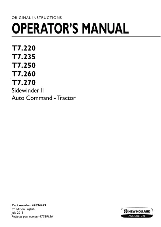 New Holland T7.220 T7.235 T7.250 T7.260 T7.270 Sidewinder II Auto Command Tractor Operator’s Manual Instant Download (Pu