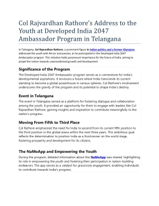 Col Rajvardhan Rathore Address to the Youth at Developed India 2047 Ambassador Program in Telangana