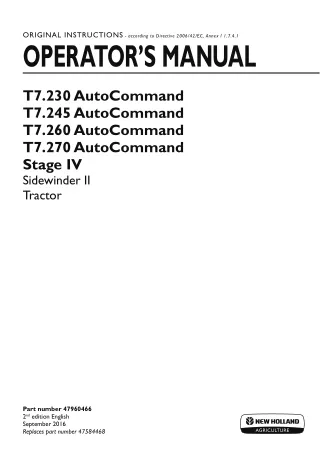 New Holland T7.230 AutoCommand T7.245 AutoCommand T7.260 AutoCommand T7.270 AutoCommand Stage IV Sidewinder II Tractor O