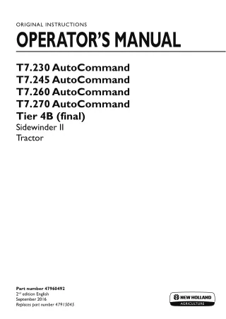 New Holland T7.230 AutoCommand T7.245 AutoCommand T7.260 AutoCommand T7.270 AutoCommand Tier4B (final) Sidewinder II Tra
