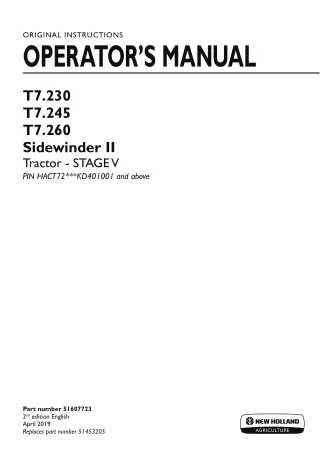 New Holland T7.230 T7.245 T7.260 Sidewinder II Stagev Tractor (Pin.HACT72KD401001 and above) Operator’s Manual Instant D