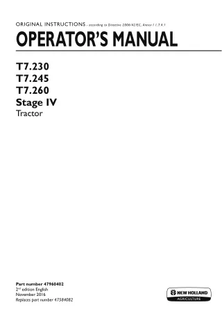 New Holland T7.230 T7.245 T7.260 Stage IV Tractor Operator’s Manual Instant Download (Publication No.47960402)