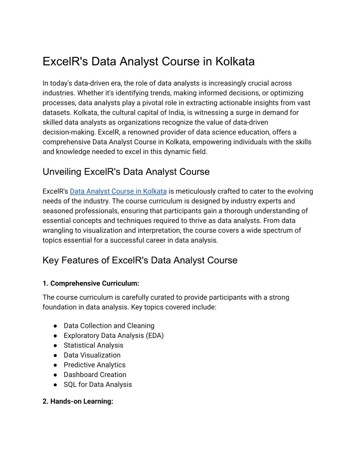 excelr s data analyst course in kolkata