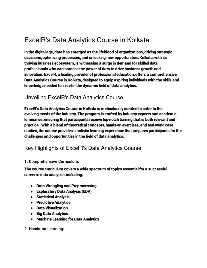 excelr s data analytics course in kolkata