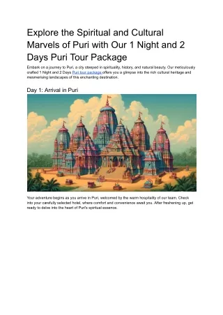 Explore the Spiritual and Cultural Marvels of Puri with Our 1 Night and 2 Days Puri Tour Package