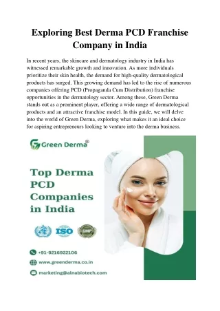 Exploring Best Derma PCD Franchise Company in India
