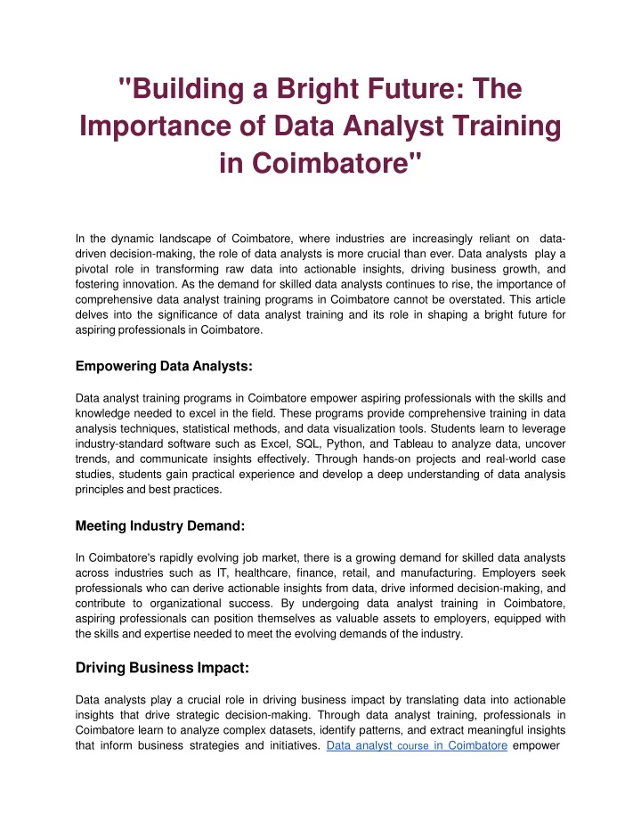 building a bright future the importance of data analyst training in coimbatore