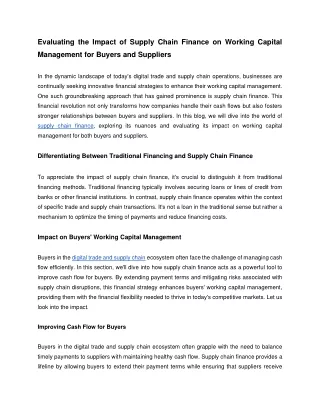 Evaluating the Impact of Supply Chain Finance on Working Capital Management for Buyers and Suppliers