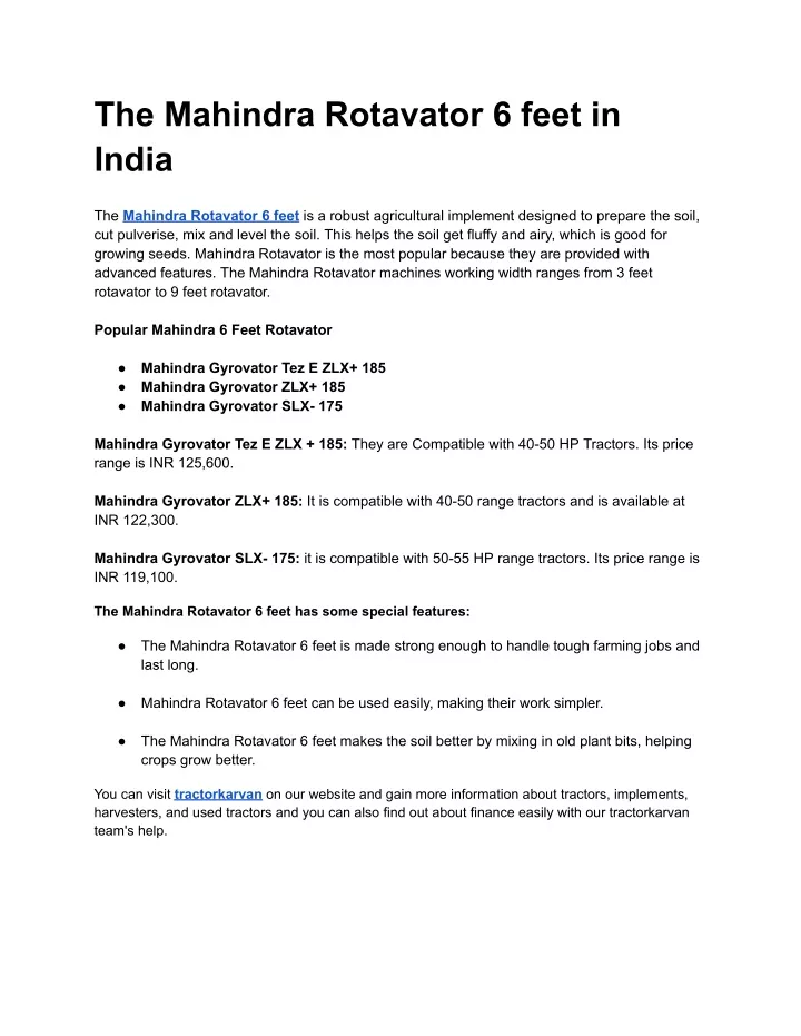 the mahindra rotavator 6 feet in india