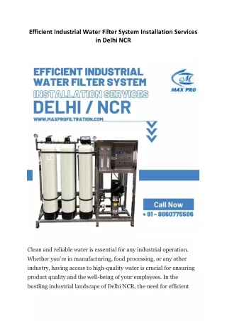 Efficient Industrial Water Filter System Installation Services in Delhi NCR