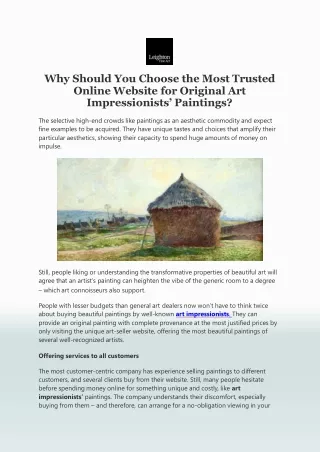 Why Should You Choose the Most Trusted Online Website for Original Art Impressionists