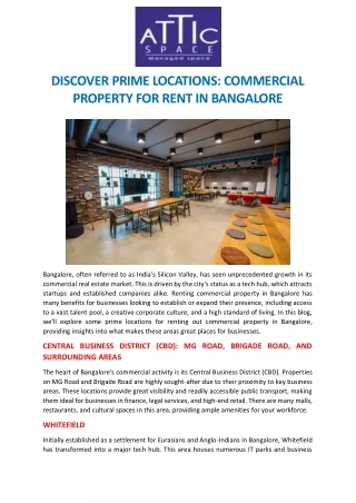 DISCOVER PRIME LOCATIONS COMMERCIAL PROPERTY FOR RENT IN BANGALORE