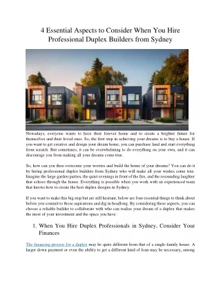 4 Essential Aspects to Consider When You Hire Professional Duplex Builders from Sydney