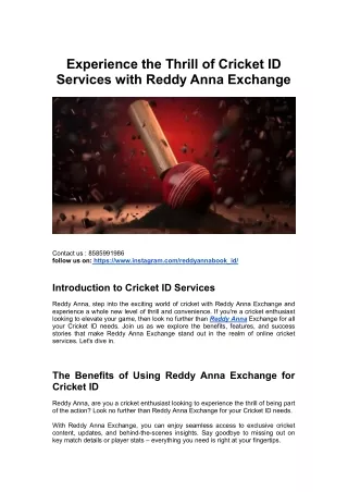 Experience the Thrill of Cricket ID Services with Reddy Anna Exchange
