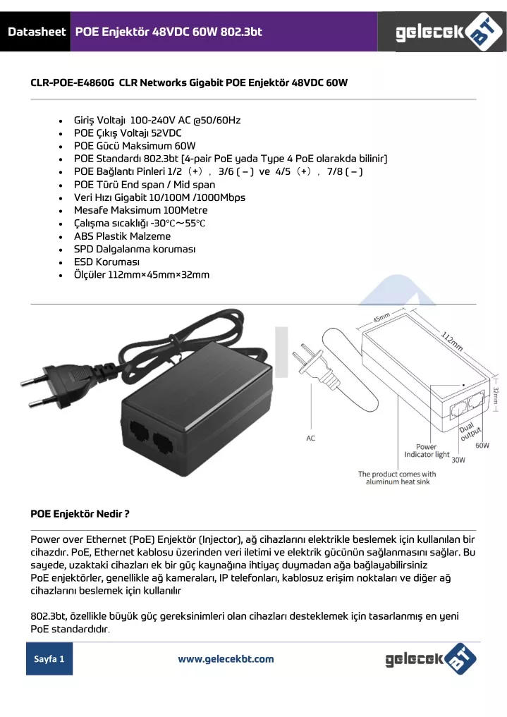 datasheet poe enjekt r 48vdc 60w 802 3bt