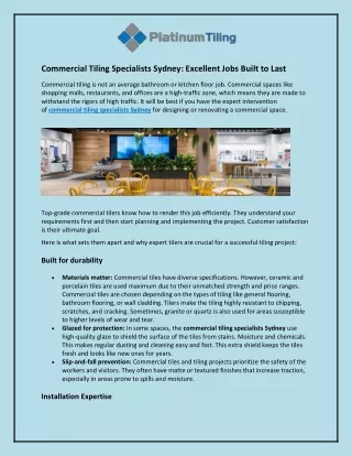 Commercial Tiling Specialists Sydney and Excellent Jobs Built to Last