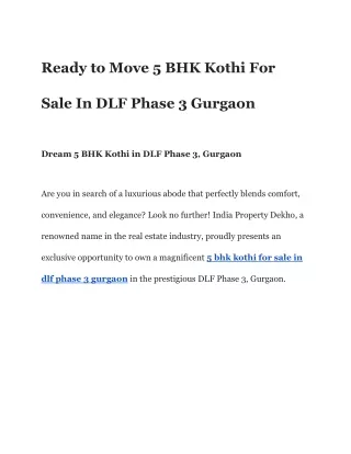 Ready to Move 5 BHK Kothi For Sale In DLF Phase 3 Gurgaon