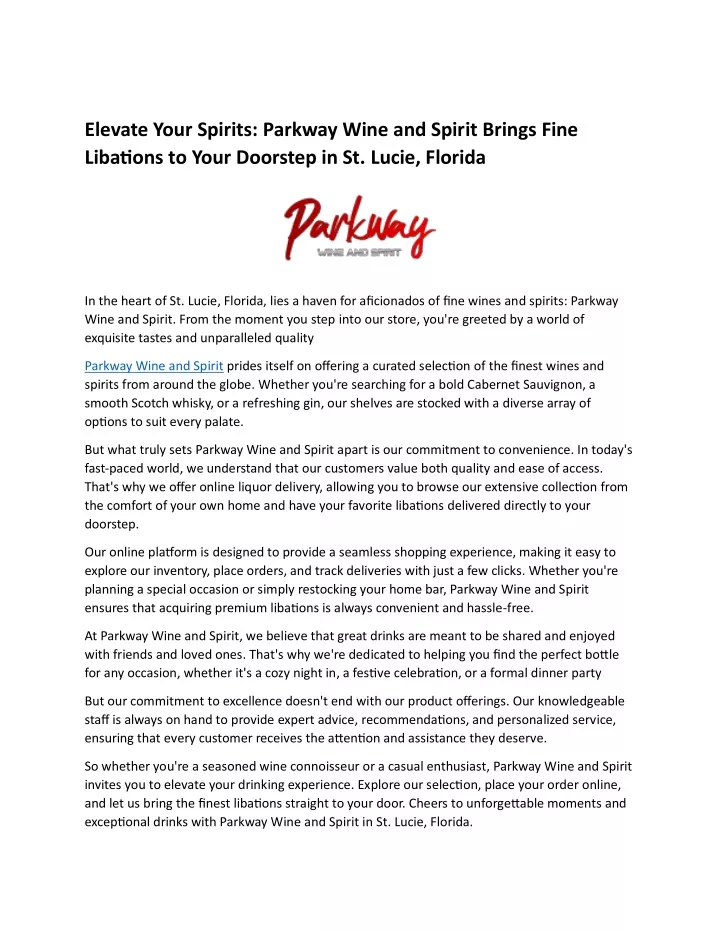 elevate your spirits parkway wine and spirit