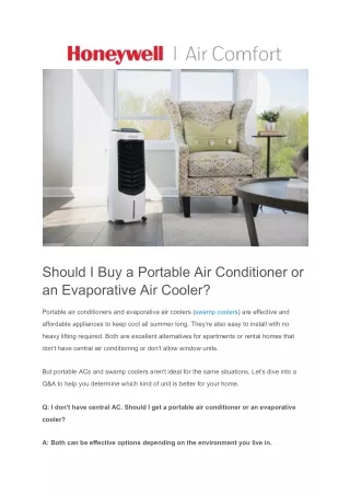 Should I Buy a Portable Air Conditioner or an Evaporative Air Cooler