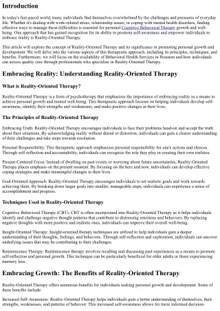 Embracing Reality, Embracing Growth: Reality-Oriented Therapy in Houston