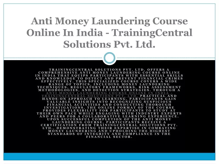 anti money laundering course online in india trainingcentral solutions pvt ltd
