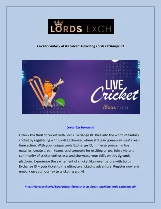 Cricket Fantasy at Its Finest: Unveiling Lords Exchange ID