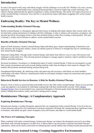 Embracing Reality: The Power of Reality-Oriented Therapy in Houston