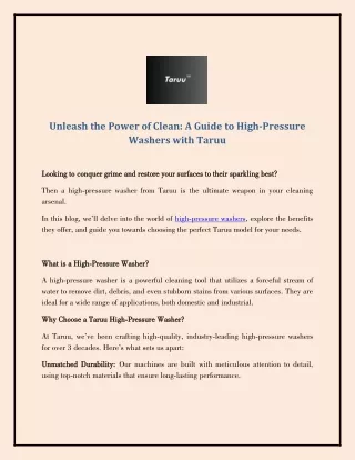 Unleash the Power of Clean: A Guide to High-Pressure Washers with Taruu