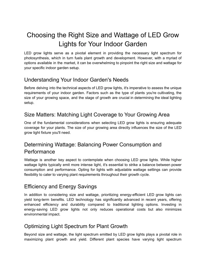 choosing the right size and wattage of led grow