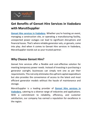 Get Benefits of Genset Hire Services in Vadodara with MarutiSupplier